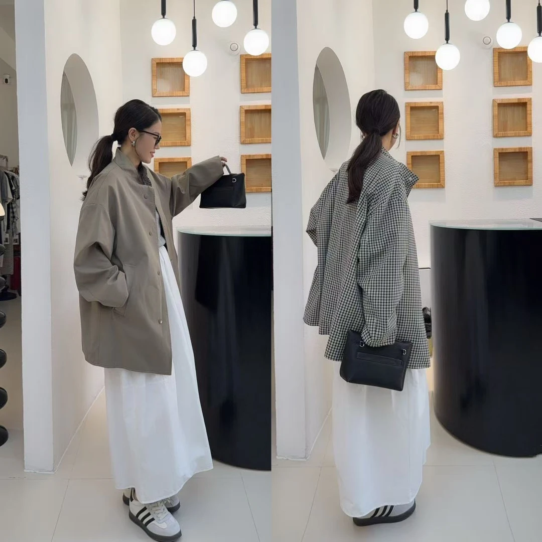 林林 气氛图书馆 双面可穿黑白格慵懒风风衣外套女中长款秋