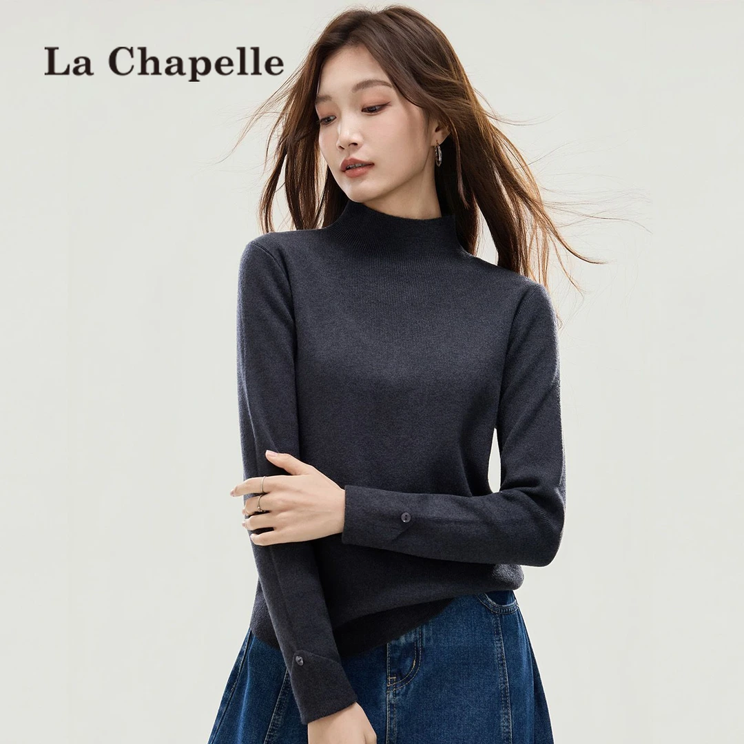 拉夏贝尔高级感灰色半高领针织打底衫女秋冬内搭修身显瘦气质毛衣