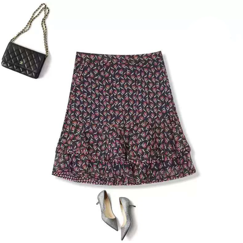 2025夏新款简约荷叶边碎花雪纺半身裙女高腰显瘦A字裙印花短裙女