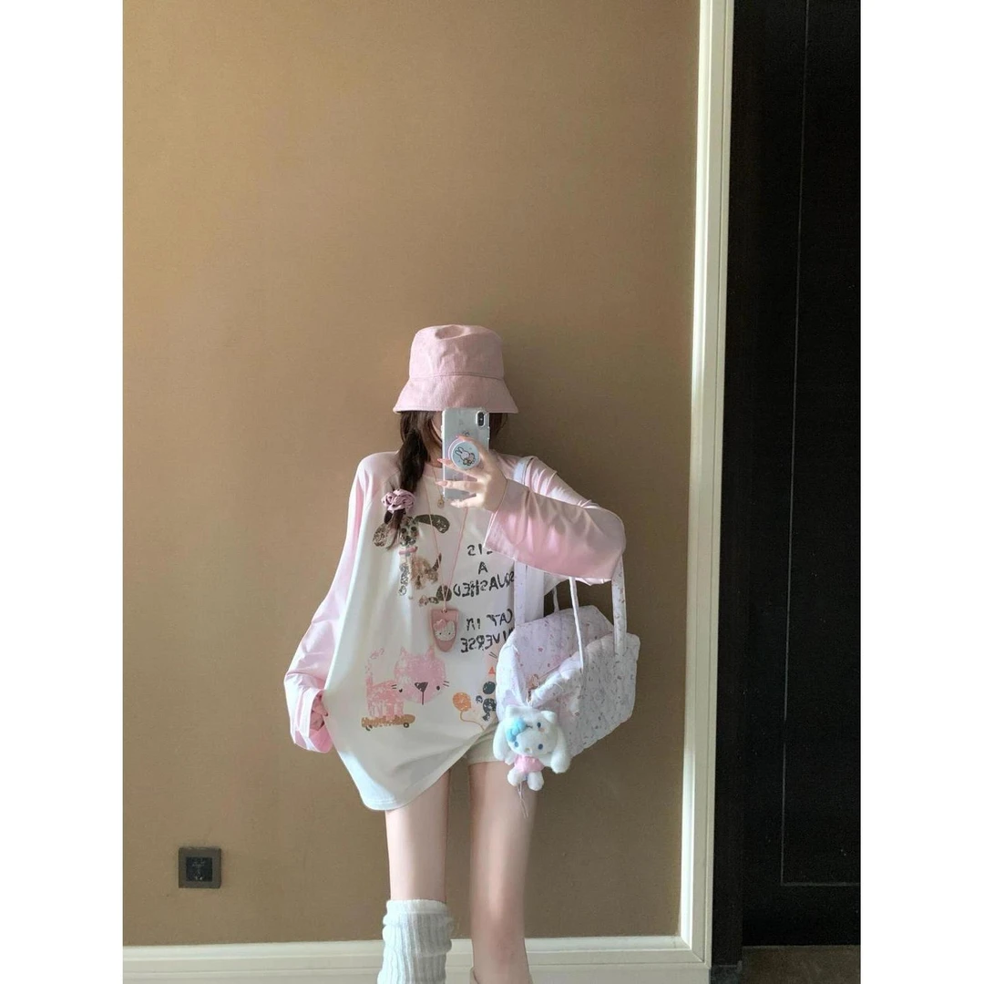 100%纯棉甜美涂鸦印花粉嫩少女感长袖t恤女秋季宽松休闲减龄上衣