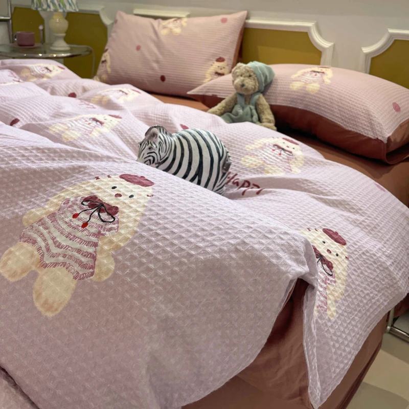 卡通克洛莉紫加厚磨毛华夫格床上四件套纯棉100%全棉被套床单床笠