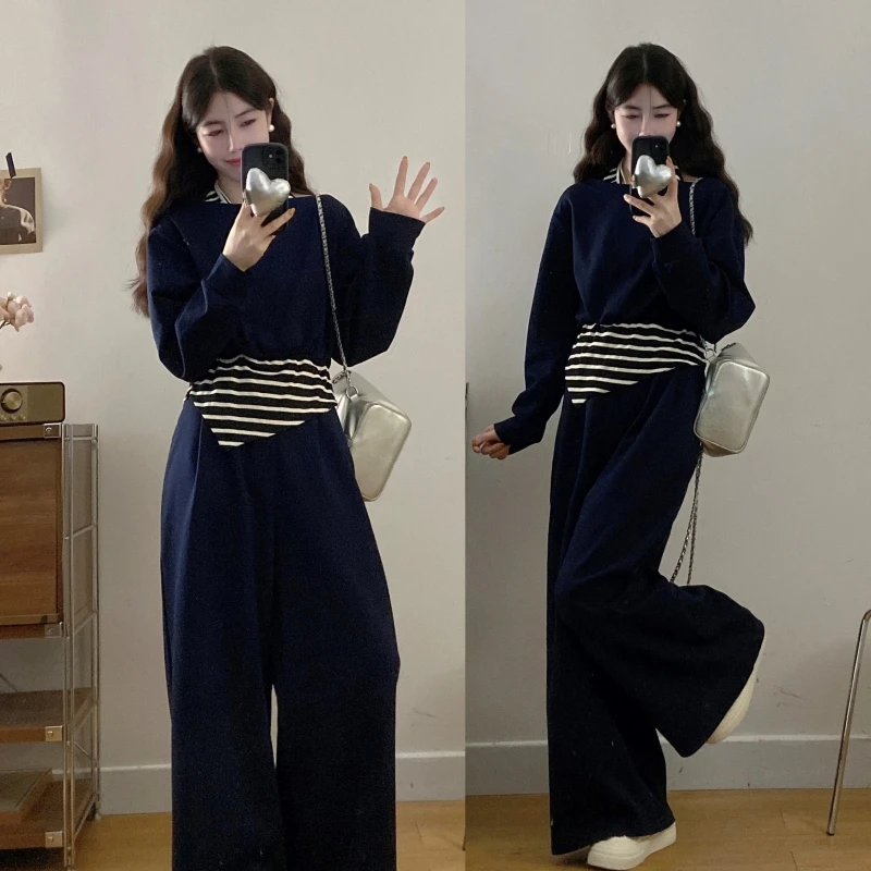 大码女装秋季新款设计感气质假两件卫衣+高腰遮肉阔腿裤套装