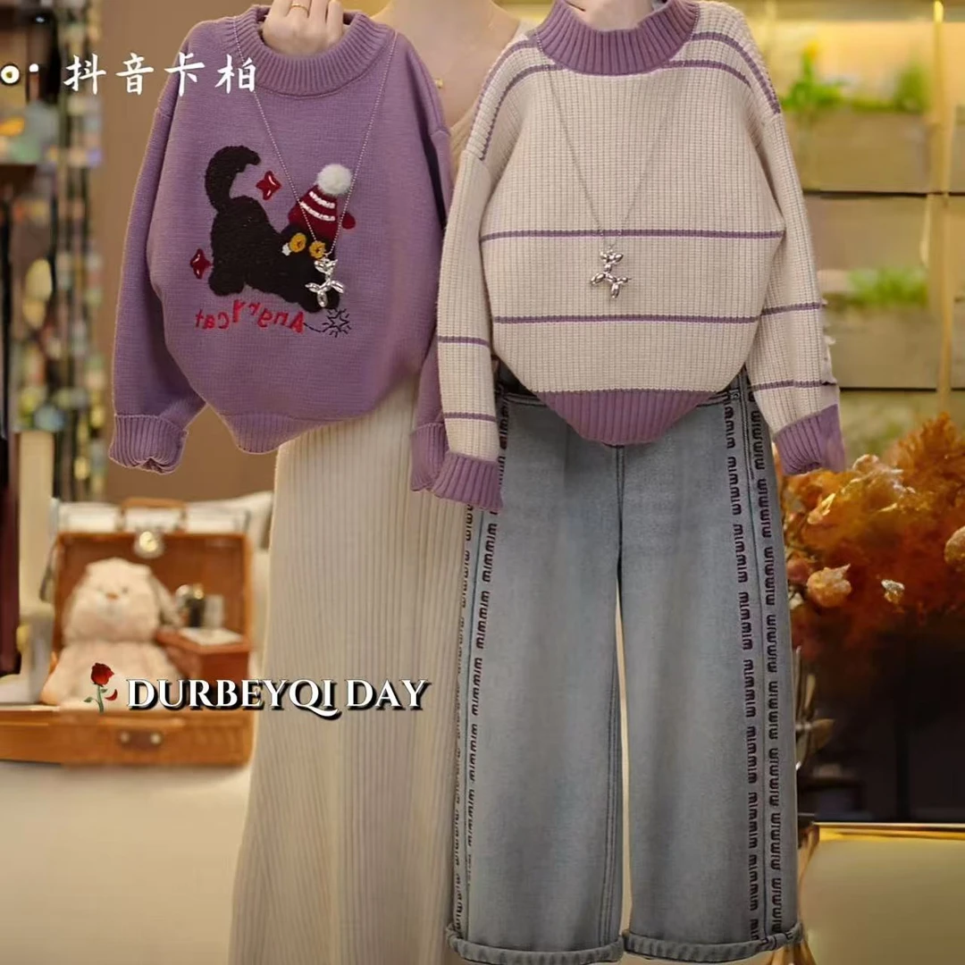 女童2025冬季韩版新款针织加厚毛衣圆领百搭加绒牛仔裤套装5943