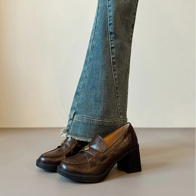 羊皮版~法式复古高跟山茶花乐福鞋女英伦风一脚蹬静音粗跟单鞋