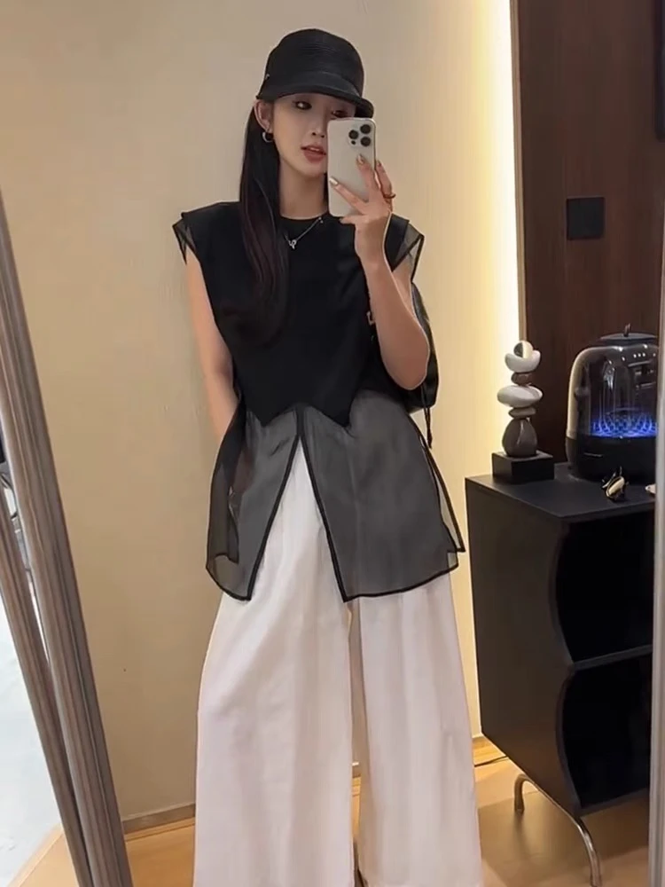 时尚设计感网纱拼接无袖T恤女2025夏季新款洋气百搭显瘦减龄上衣