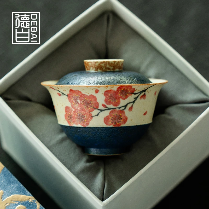 德白盖碗茶杯陶瓷青花火石红蓝底纯手绘梅花泡茶碗不烫手功夫茶具