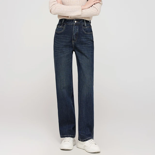 莱赛尔耐磨抗皱2025秋冬厚窄版直筒牛仔裤女小个子中高腰加绒深蓝