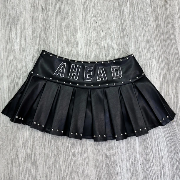丸子辣妹摇滚前奏黑色铆钉辣妹性感低腰百褶A字短款低腰半身皮裙