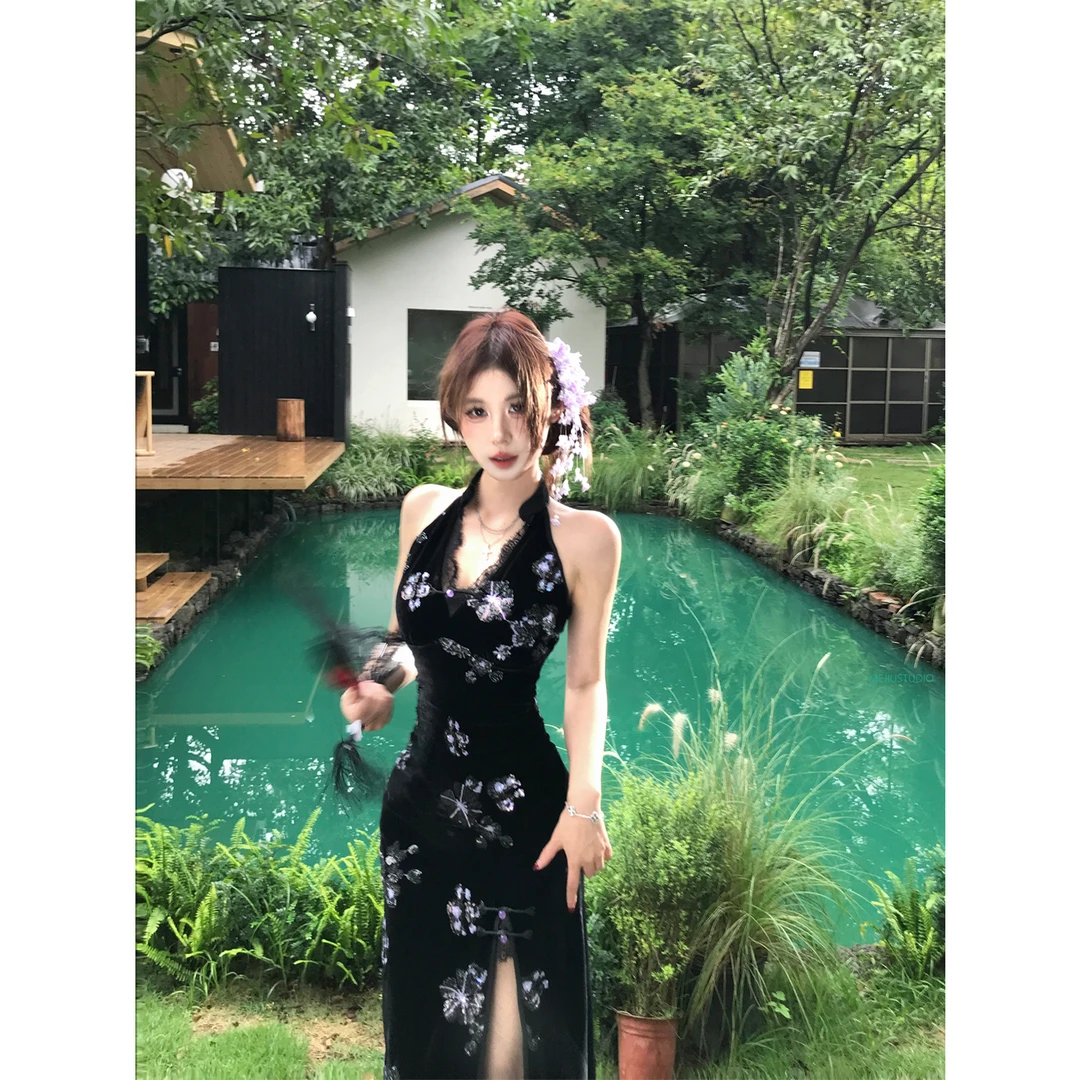 Mejiu蜜九【晚意添香】性感蕾丝挂脖连衣裙女夏季辣妹收腰长裙子