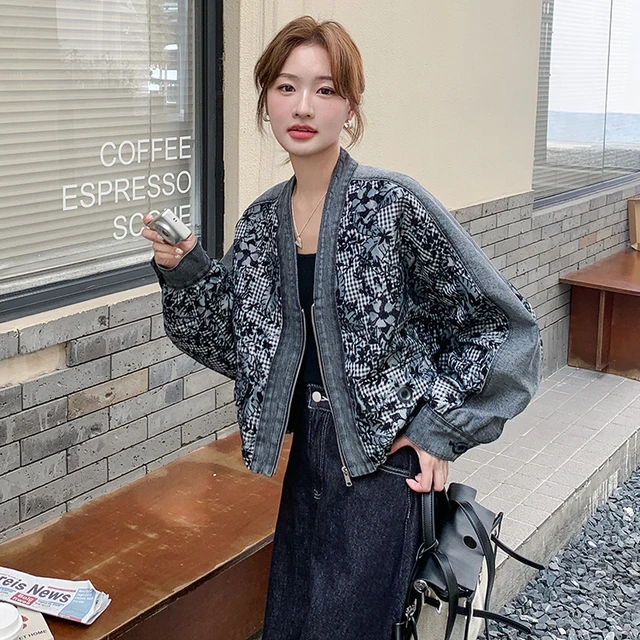 韩版时尚休闲风印花拼接短外套女秋季2025新款小个子显瘦百搭夹克