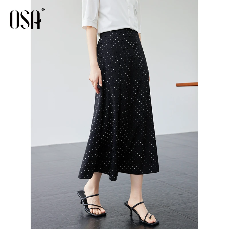 OSA欧莎复古波点鱼尾裙女夏季U系优雅中长款雪纺半身裙S125B51002