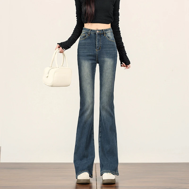 加绒复古微喇叭牛仔裤女秋冬季2025新款高腰显瘦弹力修身马蹄裤子