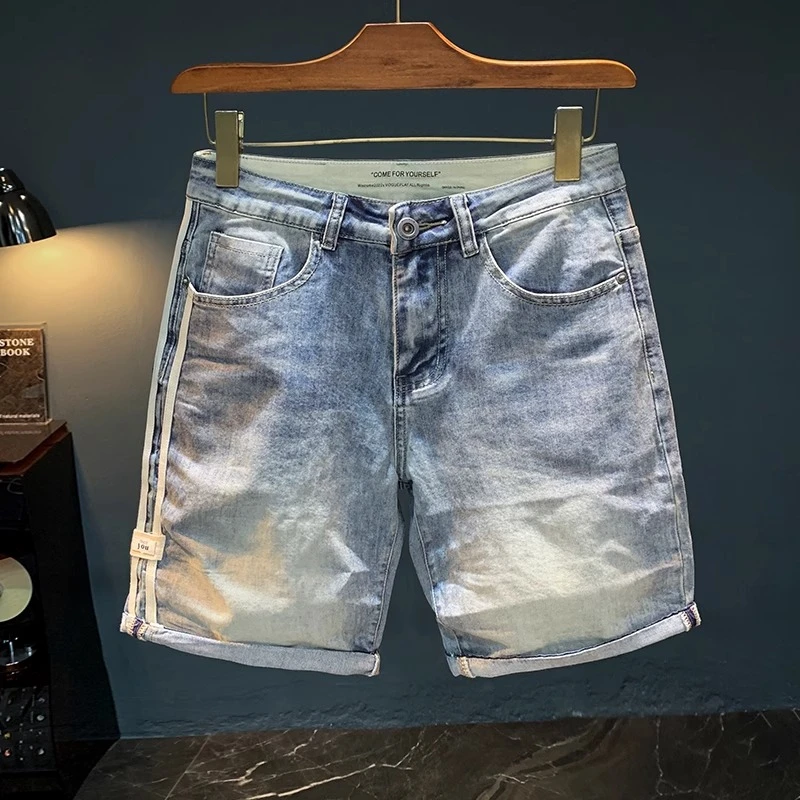 Cebrodz夏季牛仔短裤男士潮流磨白做旧水洗五分直筒裤薄款休闲裤