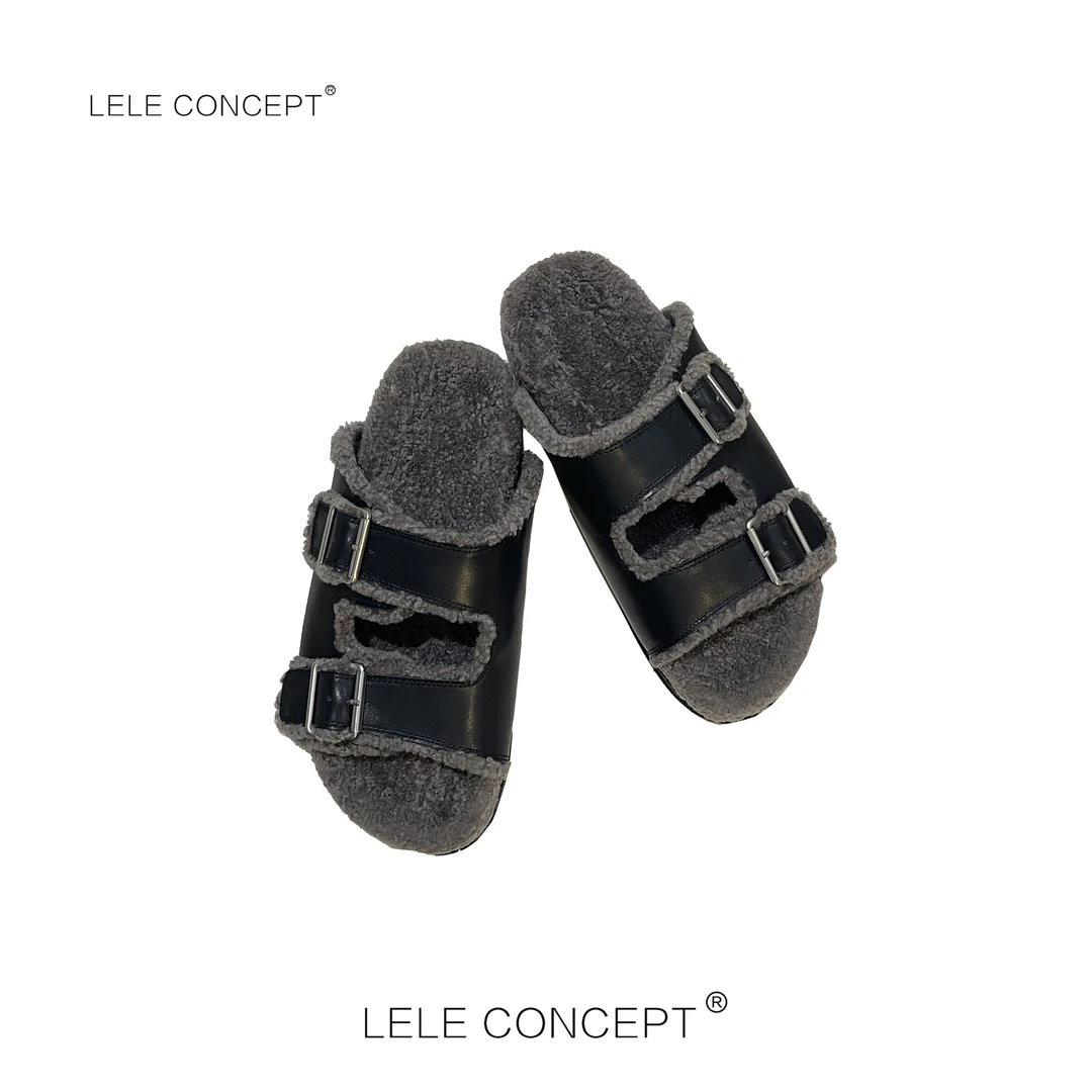 LELE CONCEPT丨新款舒适漏脚趾拼皮毛拖UX25C0033W