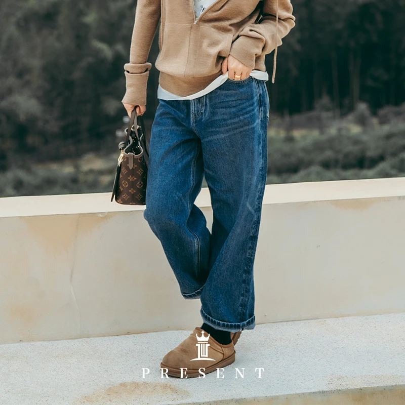 老宝娘家丨精选纯棉丹宁直筒宽松个性弯刀九分牛仔裤25春新款