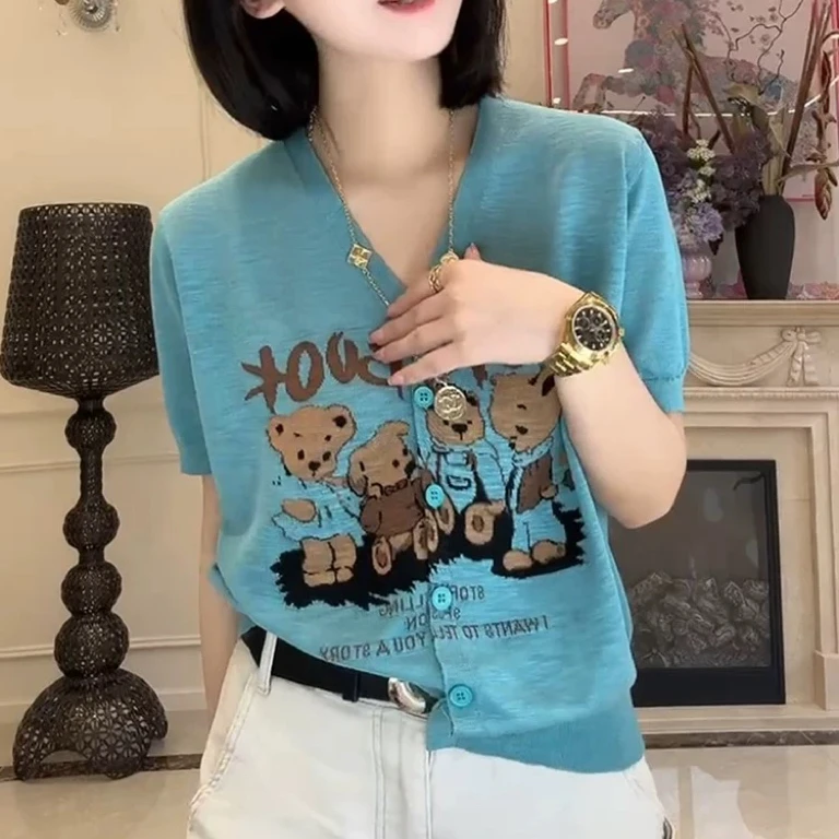 2584现货夏季针织衫开衫短袖宽松女装V领卡通显瘦时尚百搭上衣