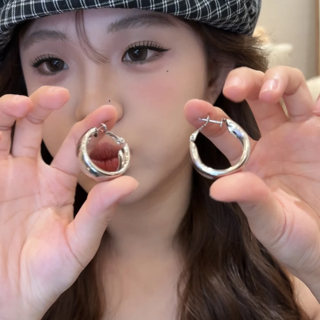 铜合金耳饰 简约质感金属宽圆圈耳钉个性耳环耳圈耳饰品