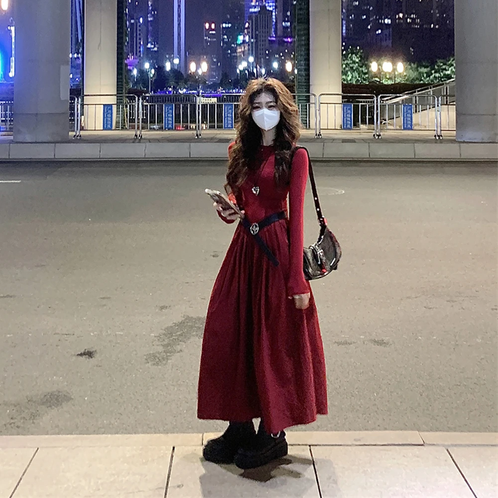 法式复古赫本风气质套头长袖红色连衣裙收腰显瘦高级感长裙子