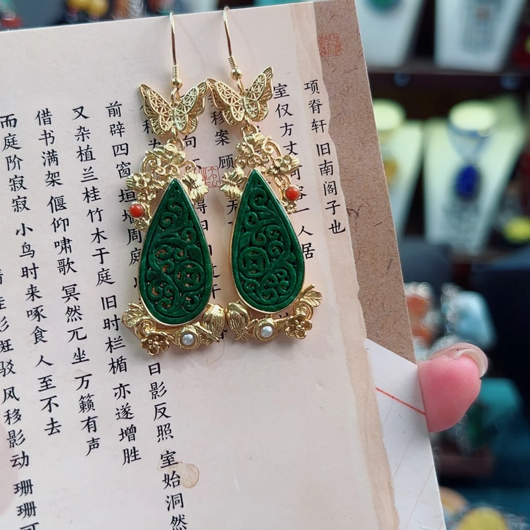 翡翠银S925镶嵌耳饰国风