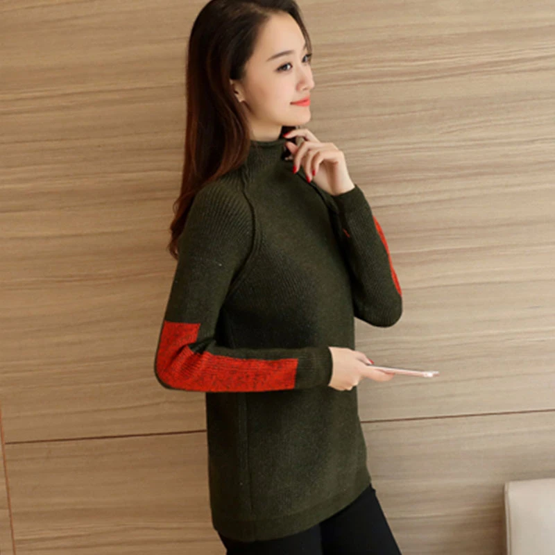 026新款针织衫女毛衣套头半高领复古宽松修身撞色插肩袖打底衫