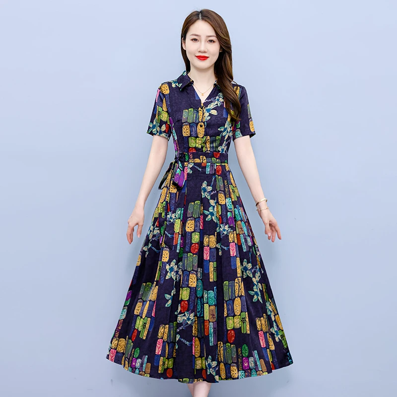 2025夏季新款重磅真丝香云纱印花连衣裙长款收腰显瘦妈妈装长裙子