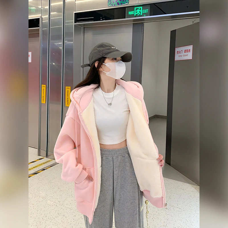 粉色美式宽松连帽水貂绒卫衣外套女秋冬2025新款加绒加厚上衣即墨