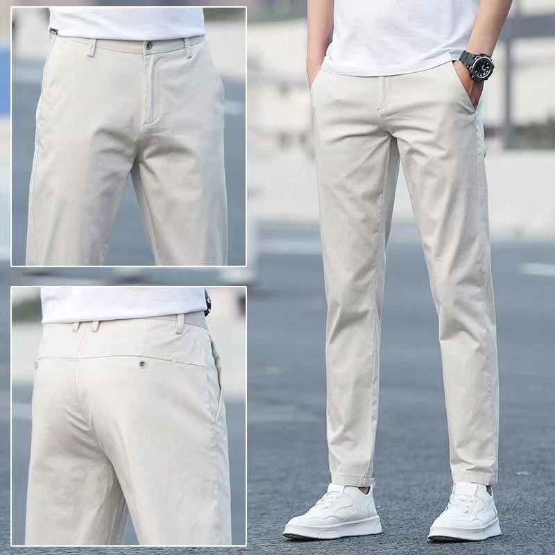 高端纯棉米白色休闲裤修身直筒弹力百搭商务轻奢男士夏季凉感长裤