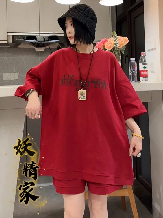 6661【妖精家】宽松大码运动套装女夏季韩版短袖短裤跑步休闲两件套