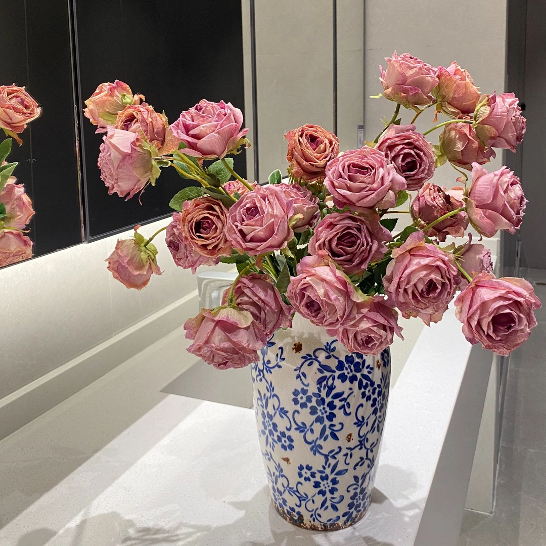 莫兰迪紫色焦边玫瑰花 7头焦边玫瑰花 仿干花 质感 餐桌花 仿真花