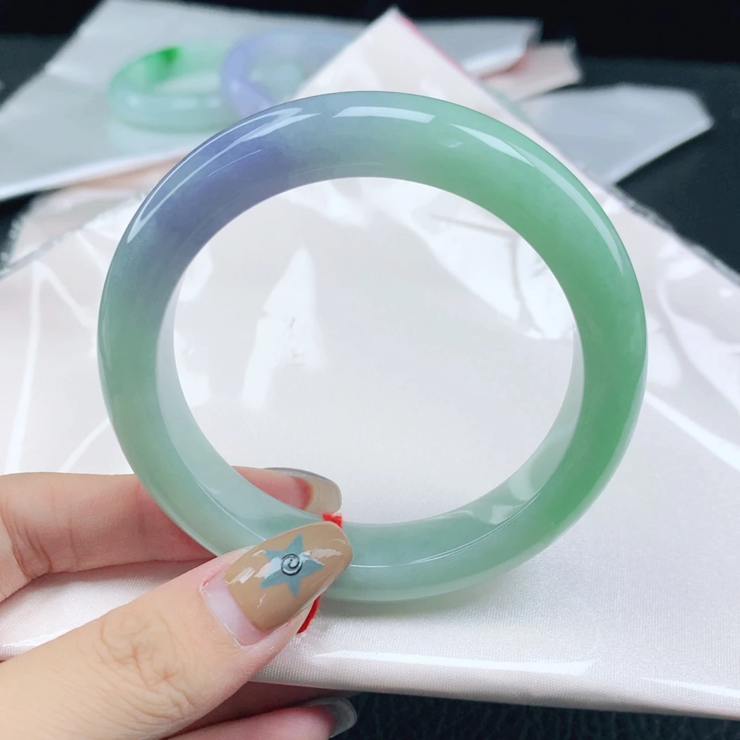 翡翠未镶嵌手镯缅甸59.1冰胶润春彩正圈