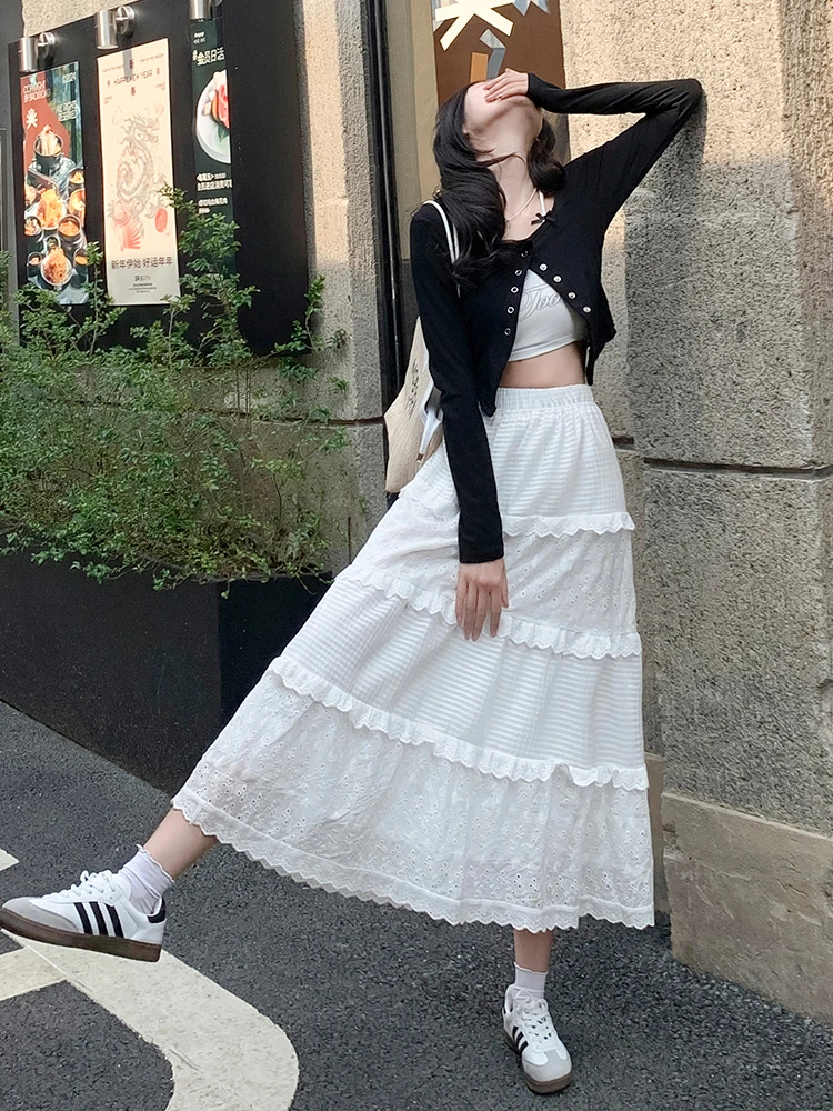 白色奶油A字半身裙女蕾丝不规则设计感高腰宽松蓬蓬长款蛋糕裙夏