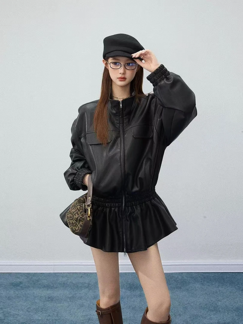 2502#秋季新款荷叶边收腰拉链长袖PU皮衣外套夹克女