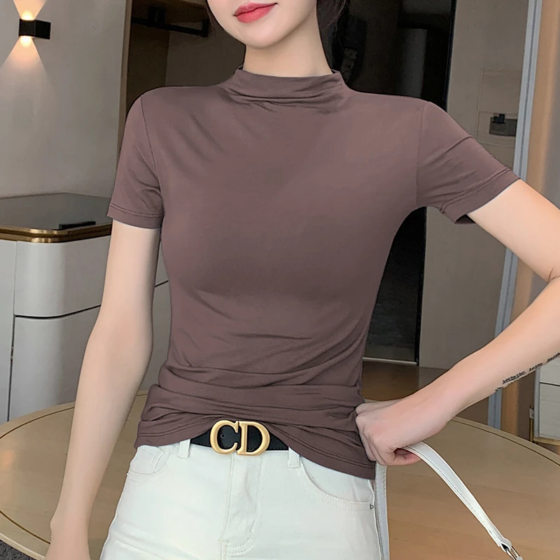 半高领莫代尔短袖t恤女2025新款春夏正肩修身显瘦气质紧身上衣