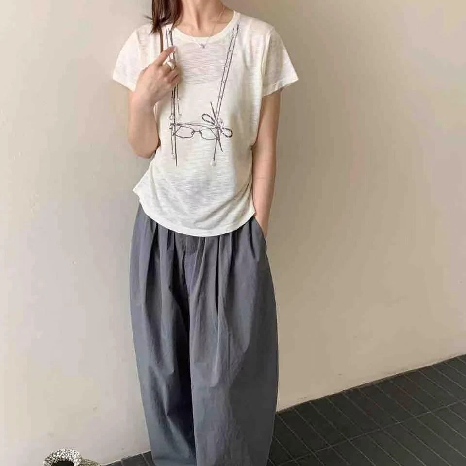 6895链条眼镜印花钉珠圆领针织衫短袖时尚百搭夏季女