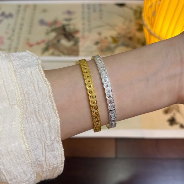 足银手镯 【小财迷】碎冰冰铜钱开口足银999.9时尚百搭