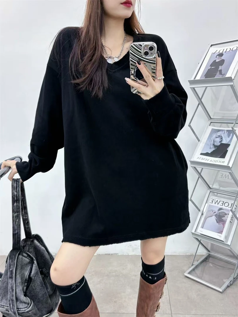 秋季新款破边V领中长款卫衣288