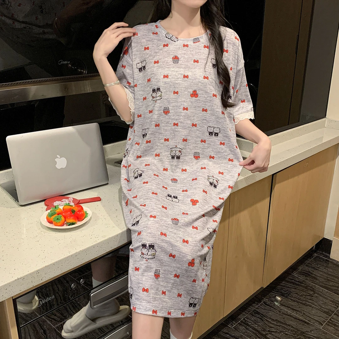 睡裙女夏季短袖宽松甜美冰丝可爱薄款睡衣女士凉感慵懒夏天家居服