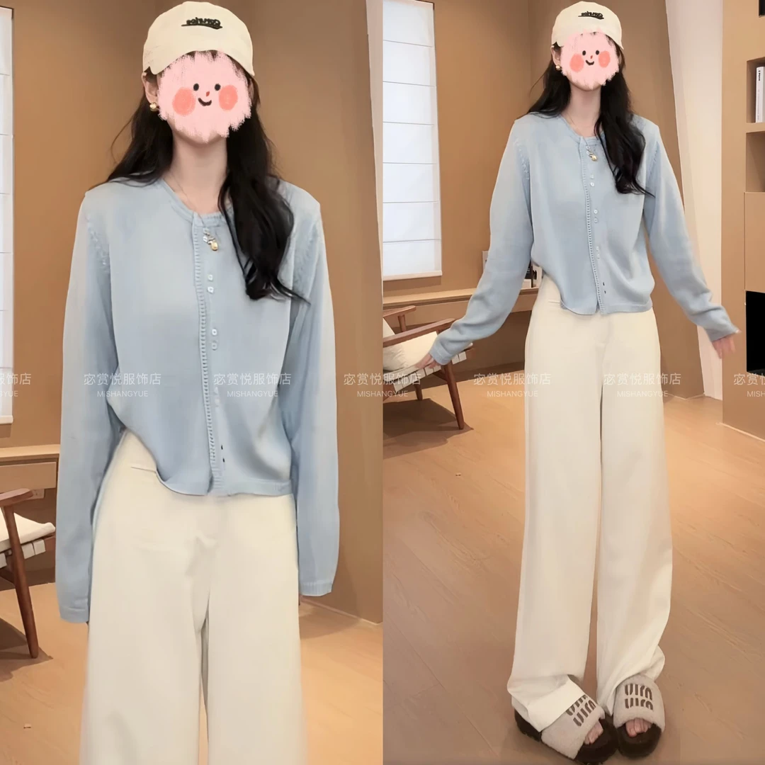 2025春季新款时尚休闲韩版减龄单排扣针织衫+阔腿裤两件套气质女