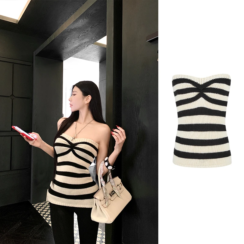 Moses Queen/魔西女王撞色条纹露背针织抹胸连衣裙收腰包臀裙子