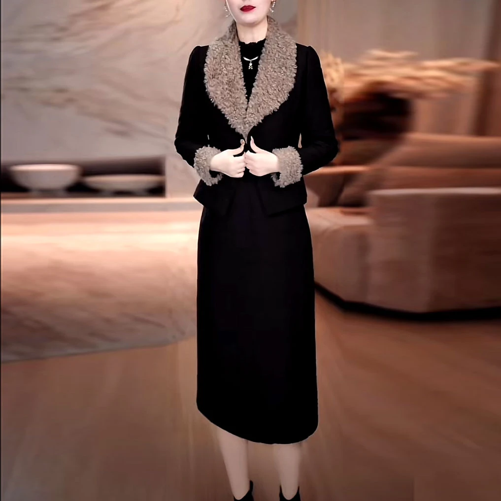 夹棉外套连衣裙套装2025秋冬新款修身收腰轻奢加厚保暖棉服套装裙