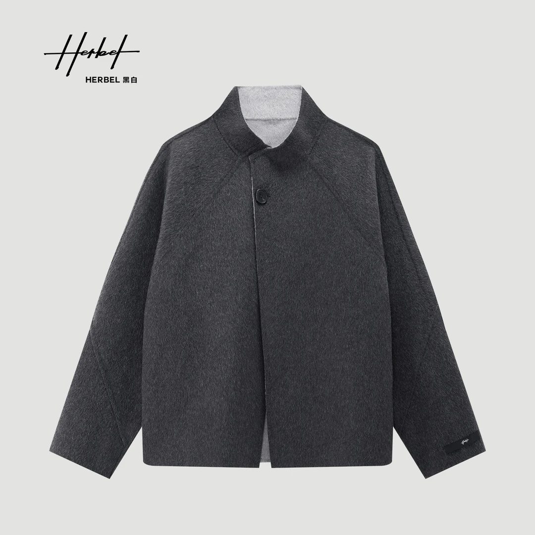 HERBEL/黑白秋冬多色100%绵羊毛大衣 雅丹风穿搭男士可双面穿