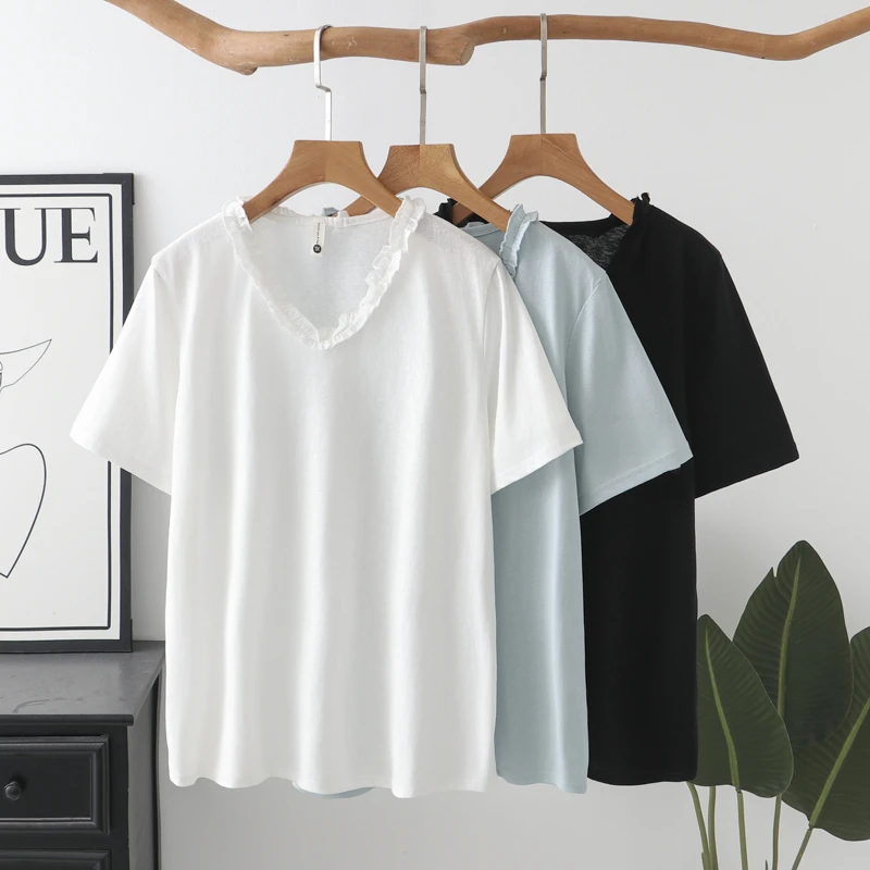 【花边荷叶领】V领休闲风T恤正肩v领短袖宽松复古半袖大码百搭