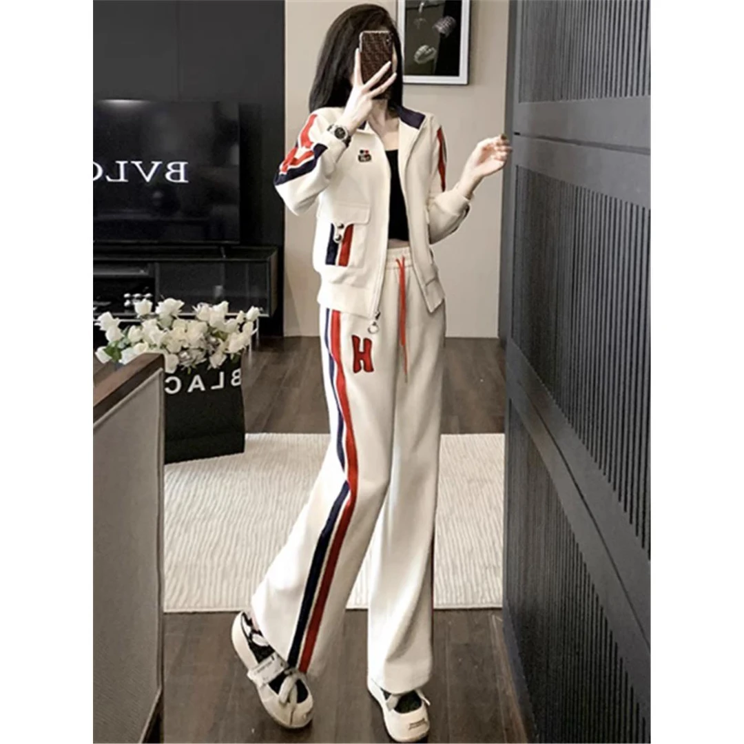 秋冬女性休闲运动套装2025百搭新款小开衫运动衫夹克阔腿裤两件套