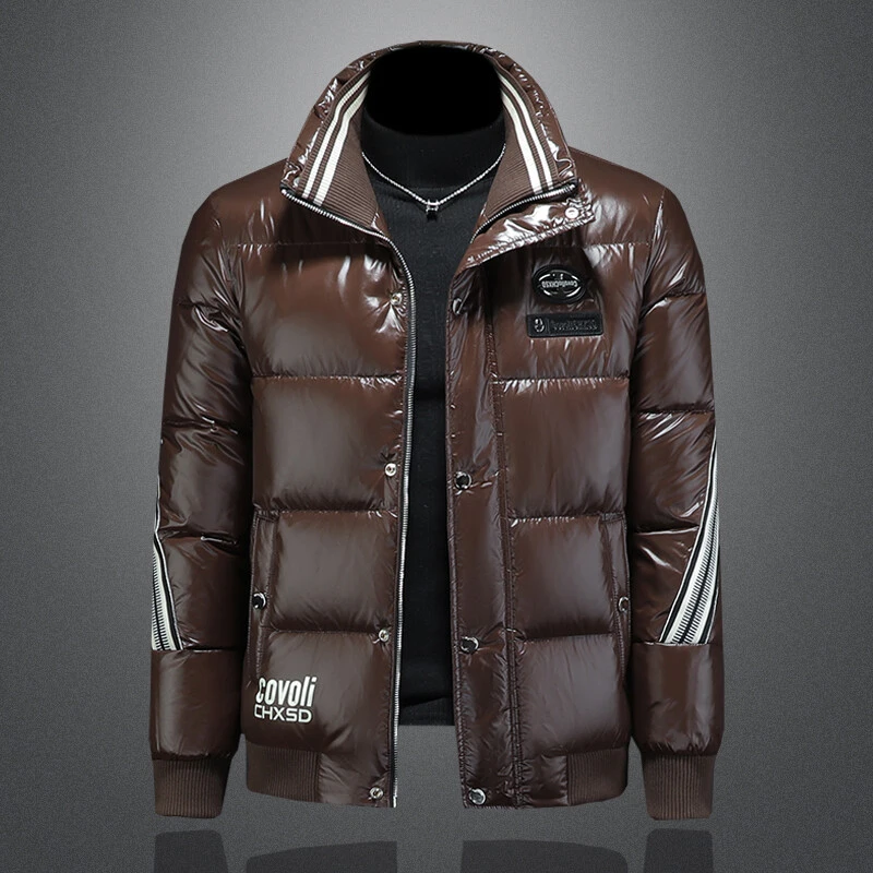 顿奇摩费涅高端冬季新款白鸭绒亮面刺绣立领羽绒服男外套加厚潮牌