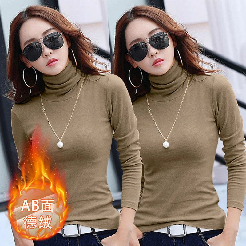 堆堆领加绒打底衫女士上衣2025时尚修身时尚纯色显瘦秋冬加厚T恤