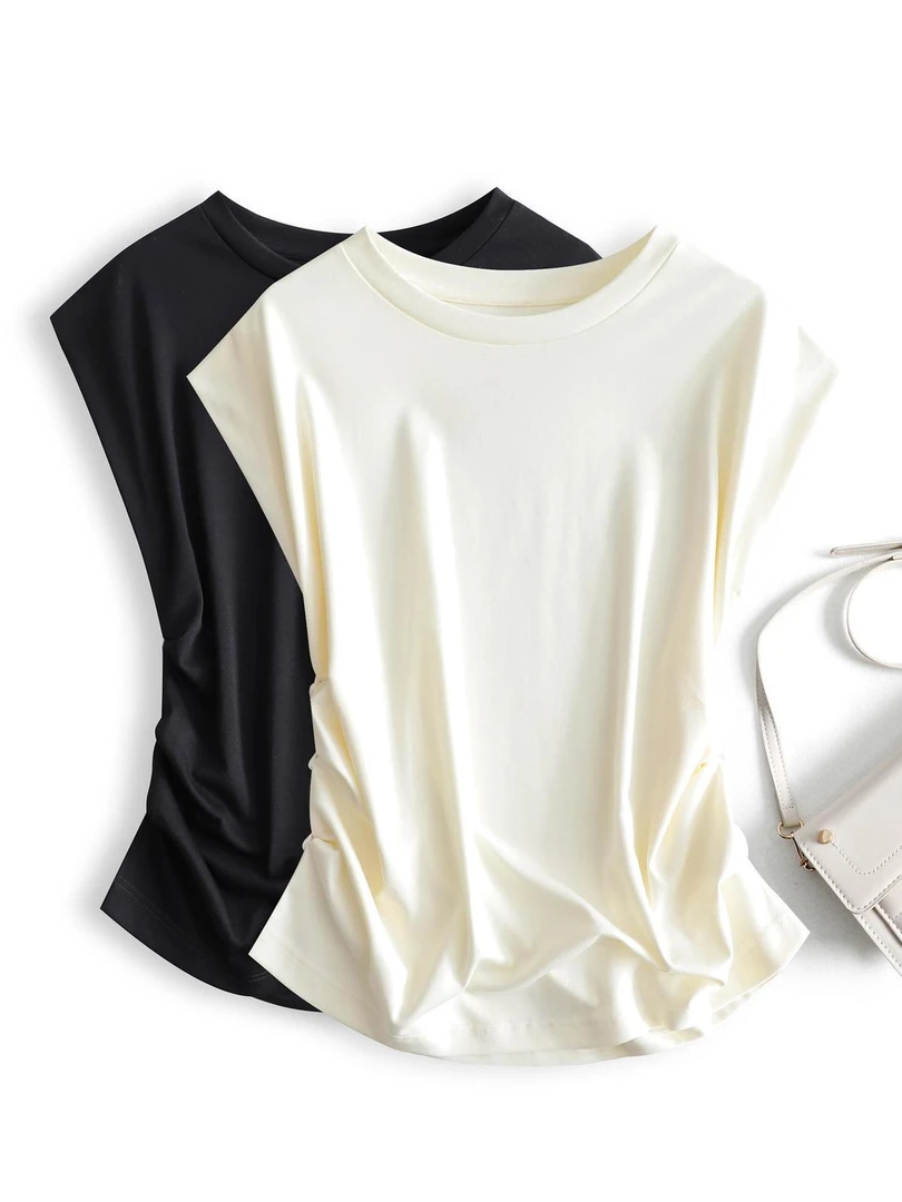 通勤纯色气质液氨棉轻薄透气时尚小飞袖圆领短袖t恤女上衣百搭