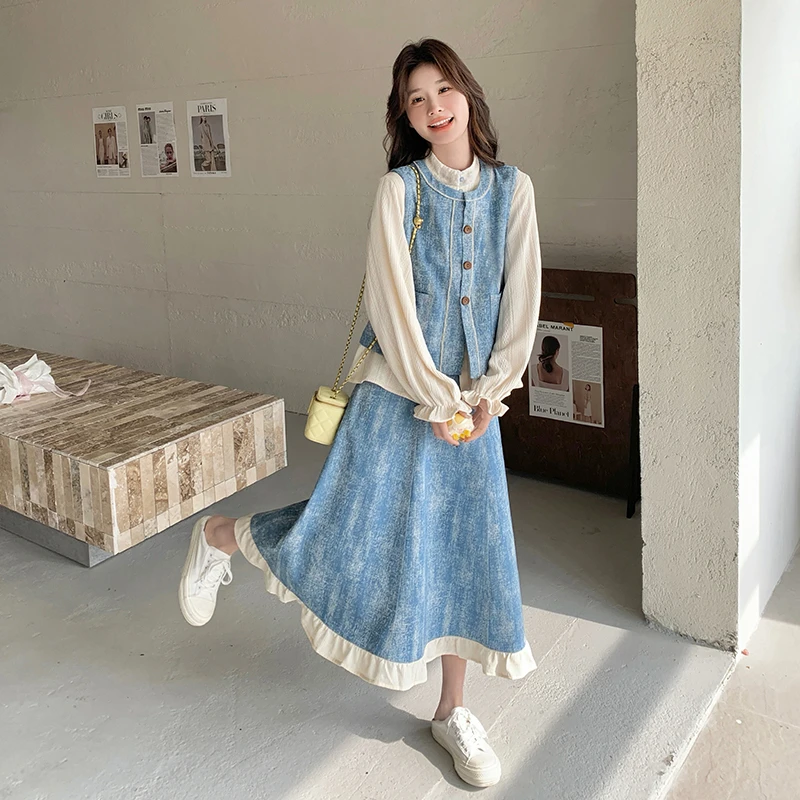 扎染水洗牛仔套装裙2025春秋新款复古文艺范马甲衬衫半身裙三件套
