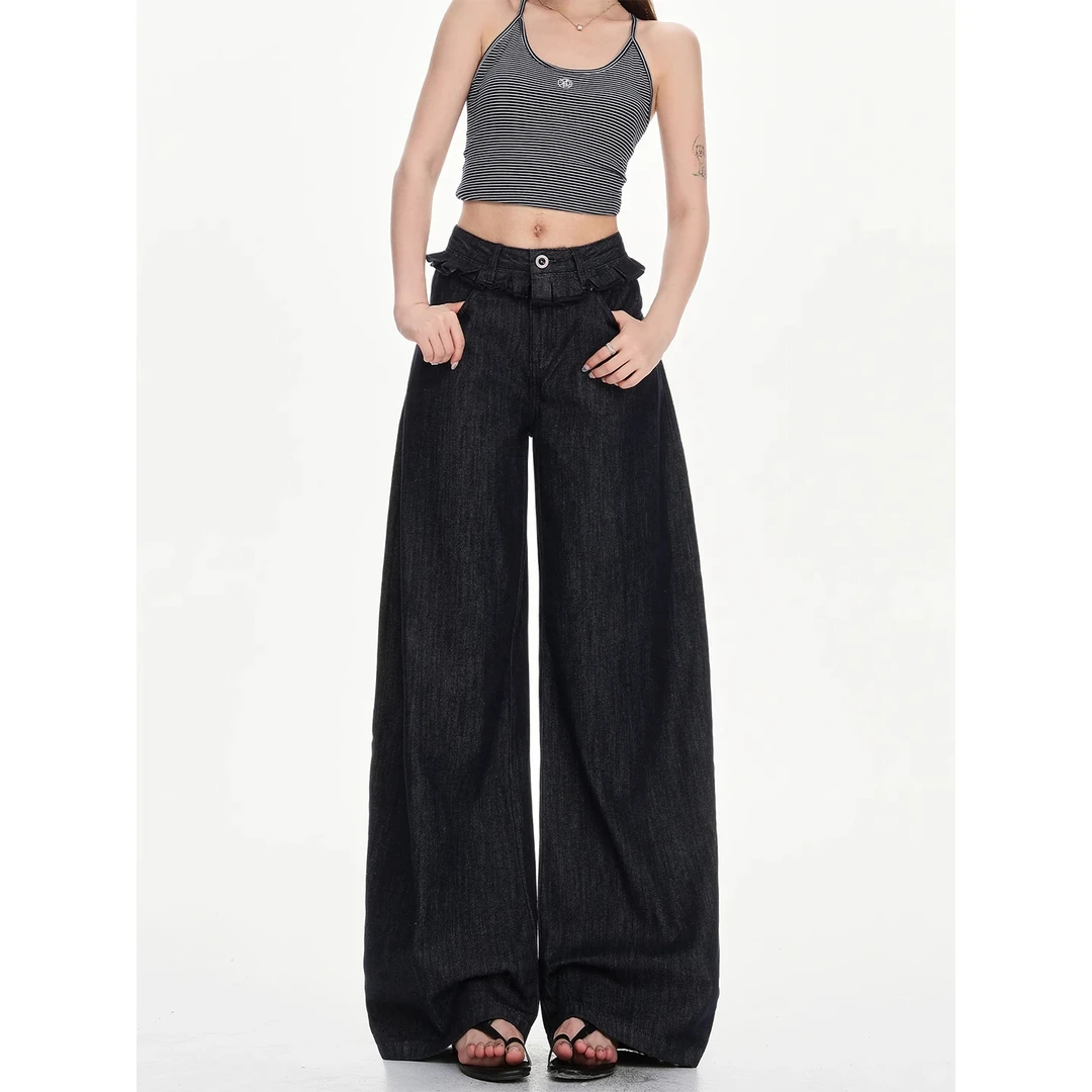 慵懒风阔腿弯刀裤美式阔腿牛仔裤女新款花边双腰头薄款垂感弯刀裤