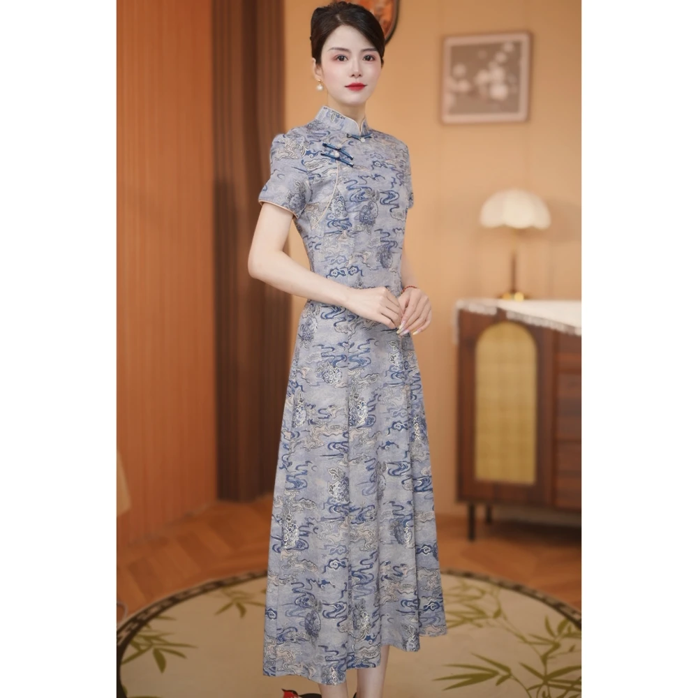 【锦绣山河】衣长120新款夏款短袖长款显瘦减龄高档旗袍连衣裙