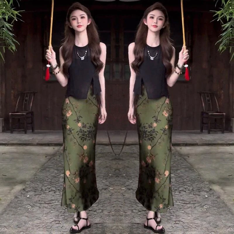 2025年夏季网红新款时尚显瘦高级感气质无袖上衣国风半身裙套装女